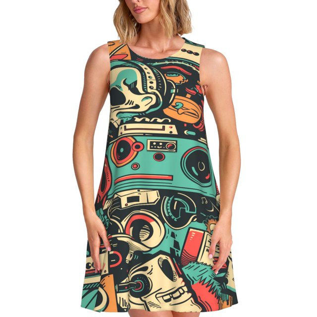 Fotbe Retro Pop Art Collage Vestido de Verano sin Mangas para Mujer – Vestido Midi Línea A, Estilo Camiseta Floral, Vestido Playero Casual y Fluido
