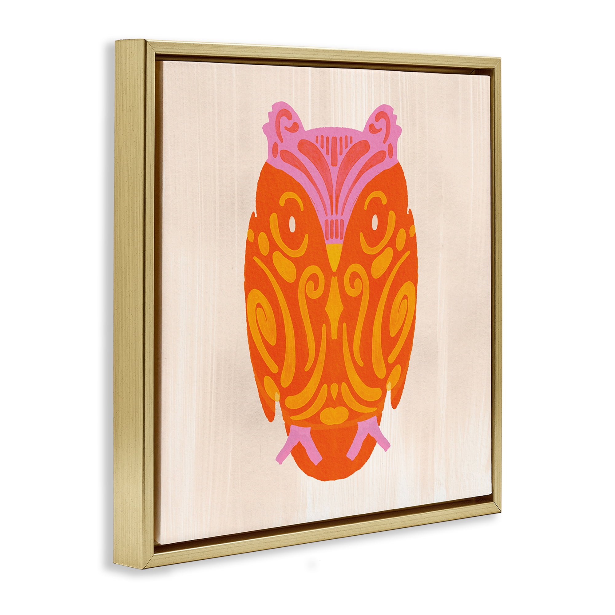 Stupell Industries Vibrant Folk Owl Motif Gold Framed Floater Canvas Wall Art, design by The Paper Curator