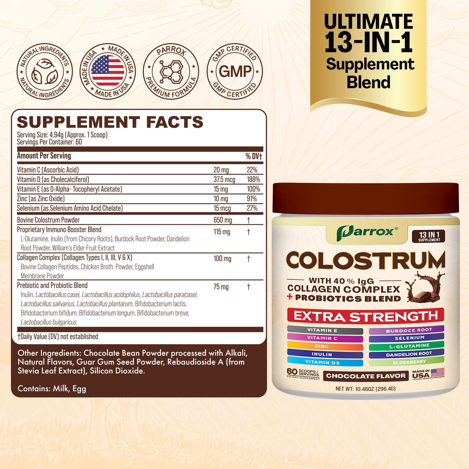 Parrox Colostrum Powder with 40% IgG, Collagen, Probiotics, Burdock Root,  L-Glutamine, Elderberry, Vitamin C, Vitamin E, Vitamin D3, Inulin, Selenium, Dandelion Root, Zinc, 60 Servings (Chocolate)