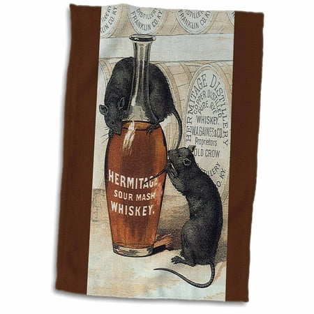 3dRose Hermitage Sour Mash Whiskey Bottle, Barrels and Two Gray Rats - Towel, 15 by