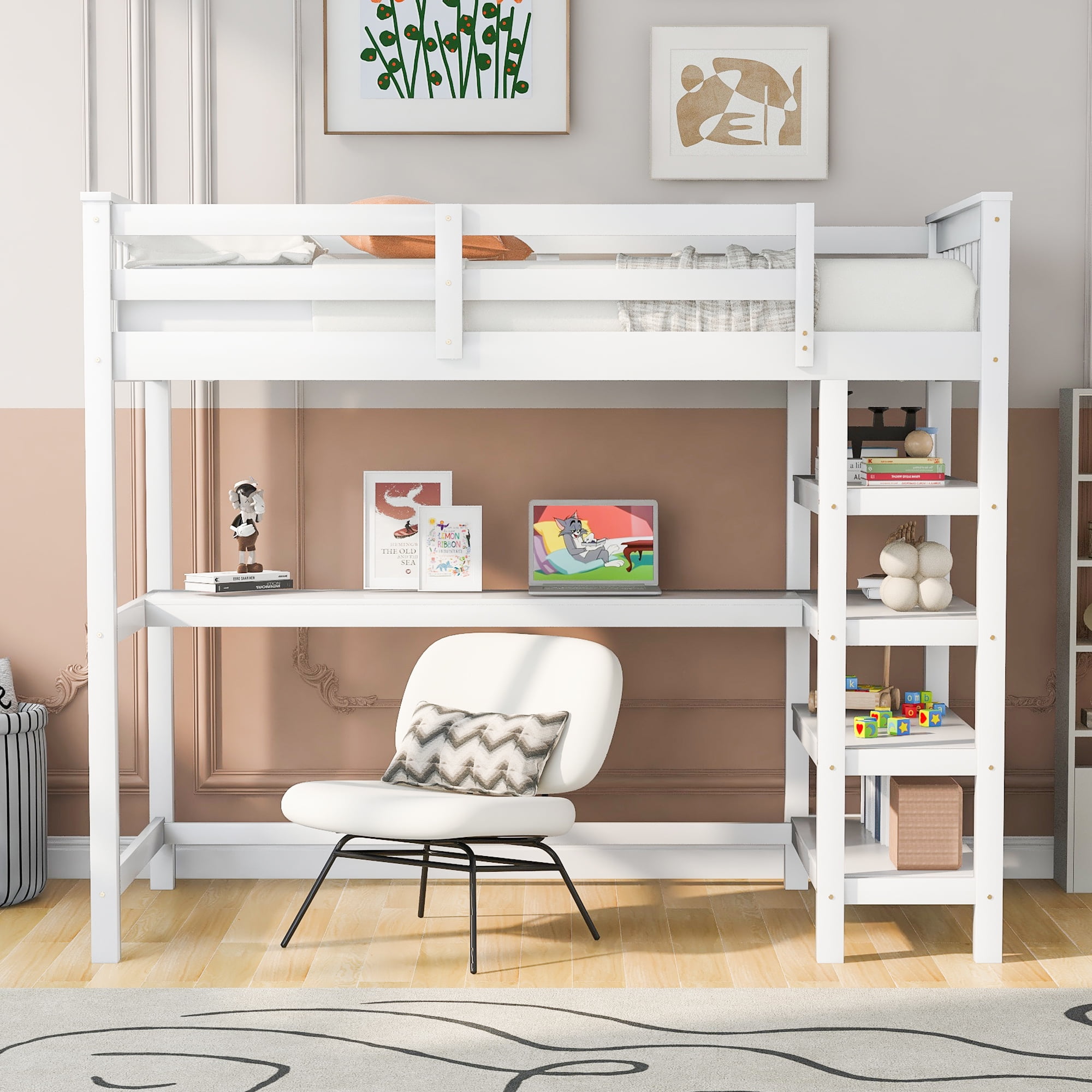 Yoneston Twin Size Loft Bed with Storage Shelves, Wooden Twin Loft Bed Frame with Under-bed Desk for Boys Girls Teens Bedroom, White