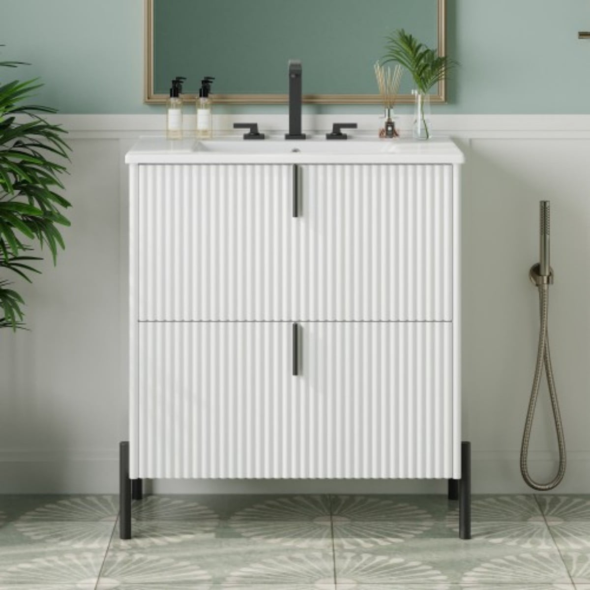 30" Bathroom Vanity with Ceramic Sink, Freestanding Bathroom Cabinet with Full Extension Drawers, Soft Close Slides, Fluted Design, White