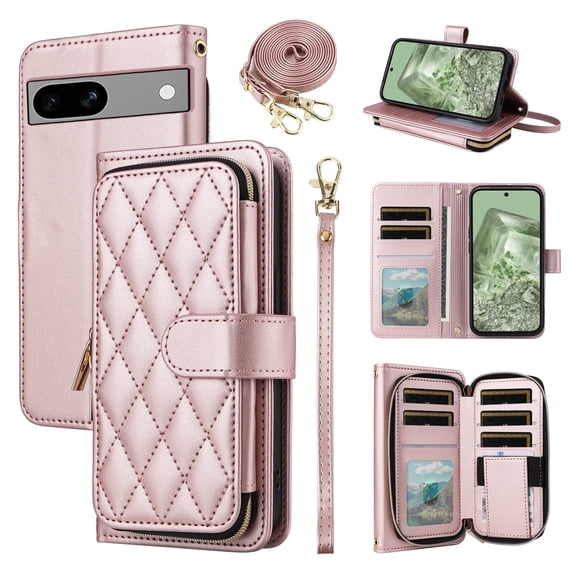 New Wallet Case for Google Pixel 9/9 Pro 5G with Wrist/Shoulder Strap Card Slots Zipper Purse Luxury PU Leather Card Holder Stand Checkered Cell Phone Cover for Pixel9 9Pro Nine Deep