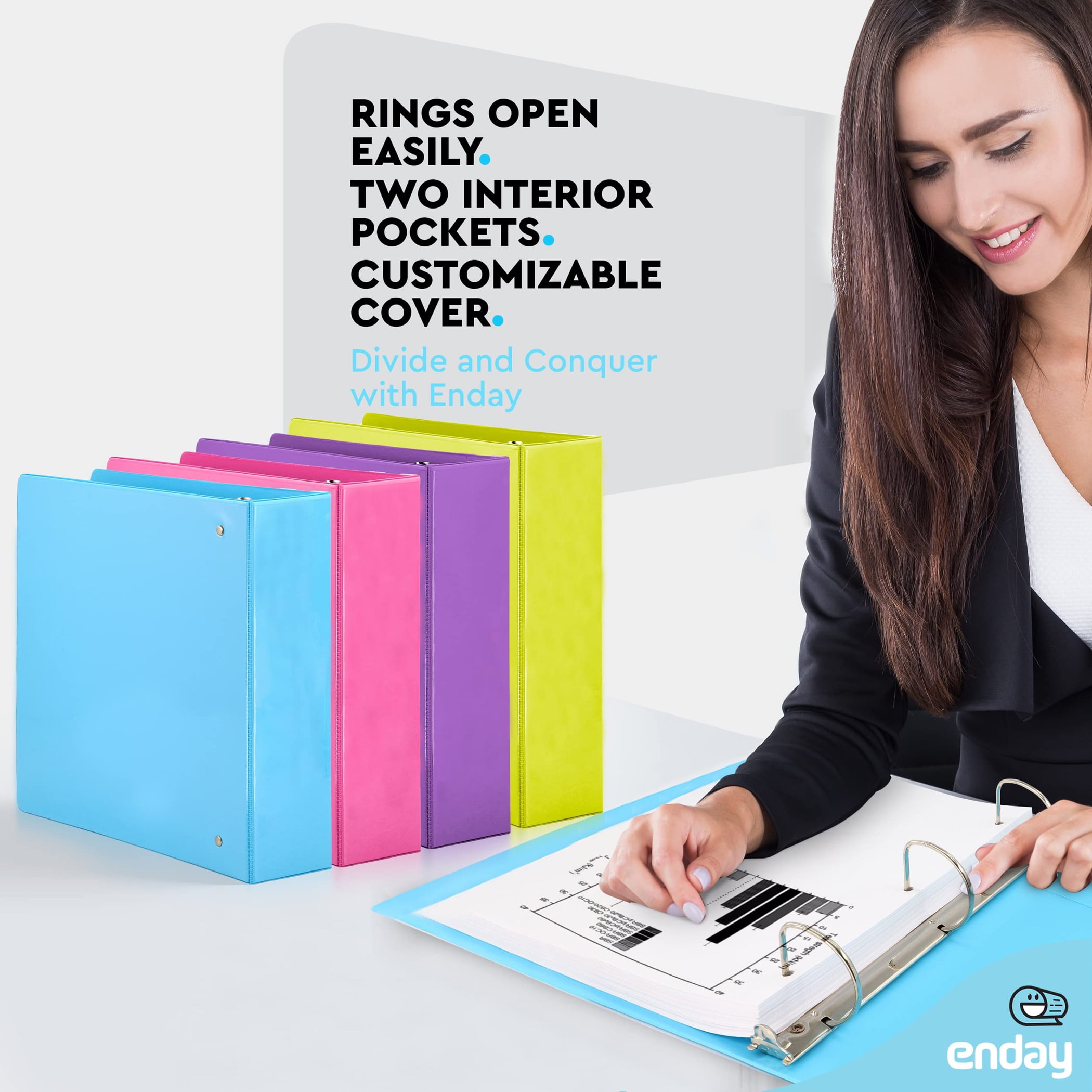 enday 3-Ring View Binder, Slant D-Ring, Assorted Colors, 2 Inch, Pack of 4