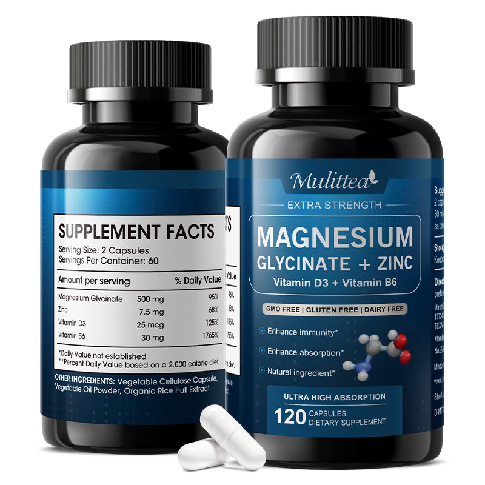 (3 Pack)Magnesium Glycinate Powder Capsules 500 mg - Heart, Muscle & Bone Health Support -120 Capsules