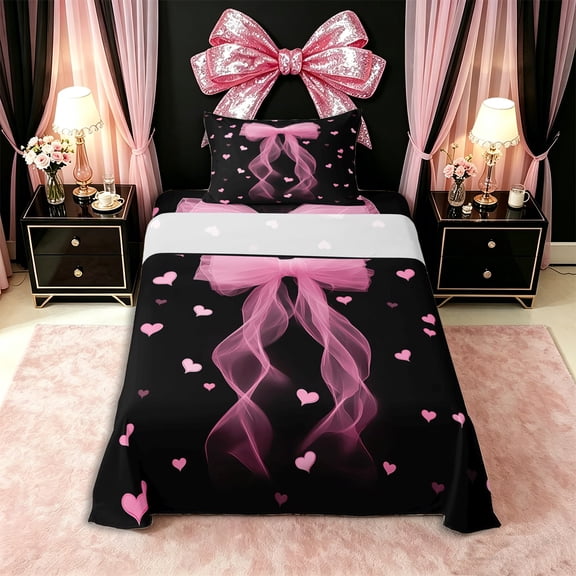 Erosebridal Princess Ribbon Bowknot Twin Sheet Sets 3pcs for Kids Girls,Love Heart Bedding for Teens,Microfiber Bedroom Decor