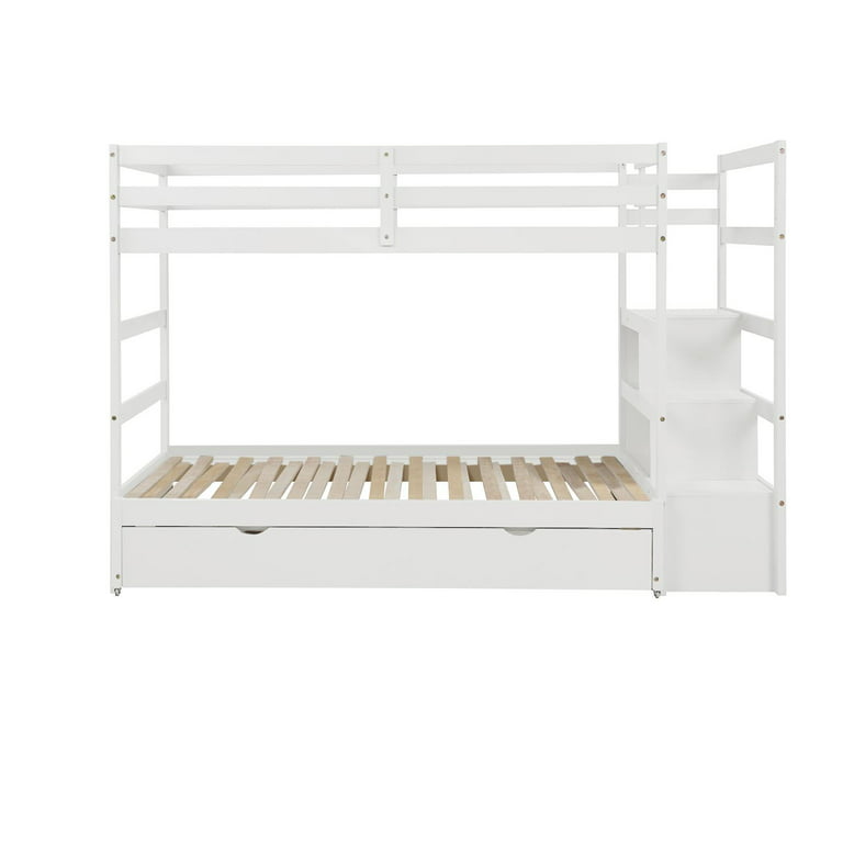 Twin Over Twin/King (Irregular King Size) Bunk Bed with Twin Size Trundle, Extendable Bunk Bed - White