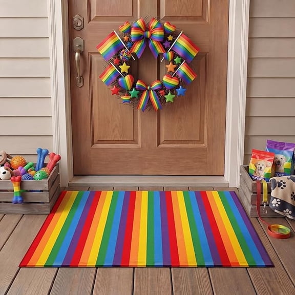 Jinswick Rainbow Pride Day Striped Rug, 16'' x 24'' Area Rug Outdoor Front Porch Door Mat Welcome Layering Rustic Washable Doormat for Entryway Farmhouse Decor