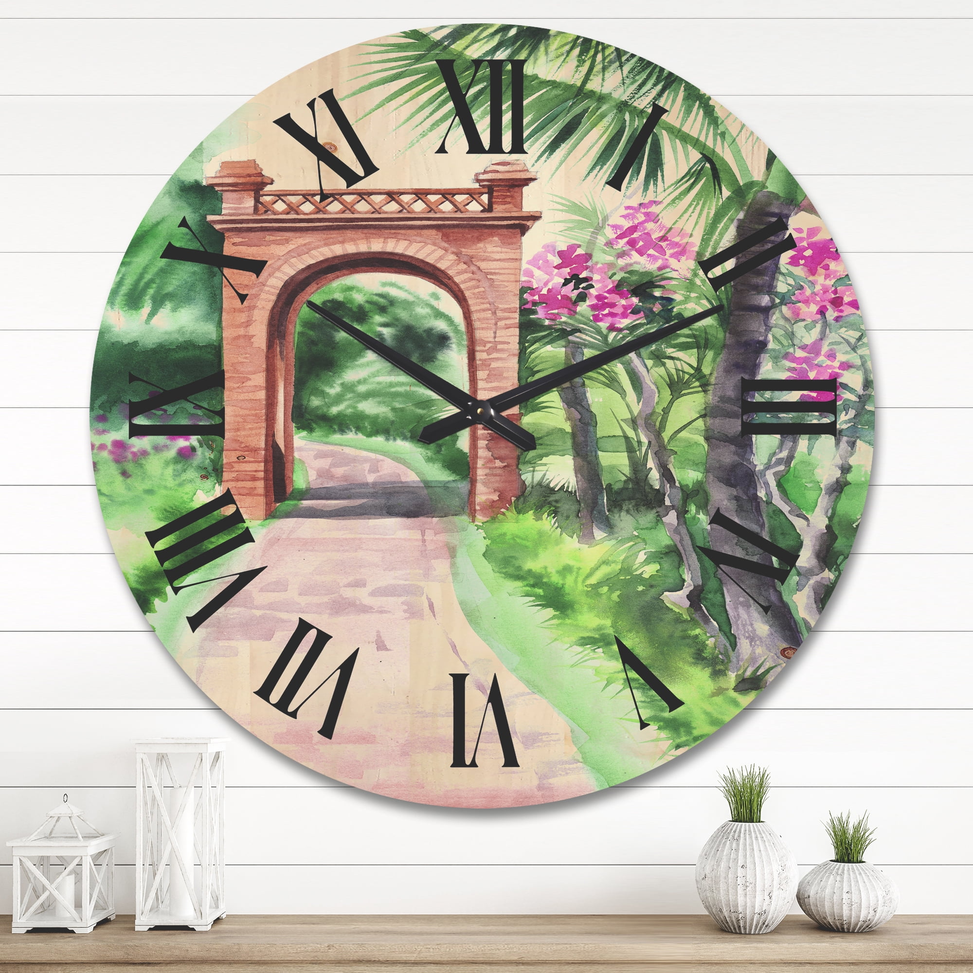 Designart 'Traditional Gate On Path In Tropical Oasis' Tropical Wood Wall Clock