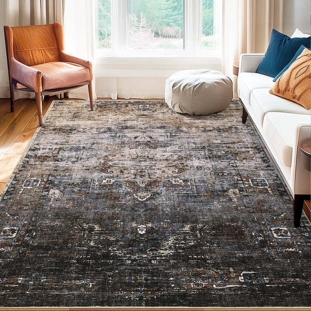 9x12 Washable Area Rug - Ombre Vintage Distressed Carpet, Ultra-Thin Foldable Non-Slip Large Rug for Living Room, Bedroom