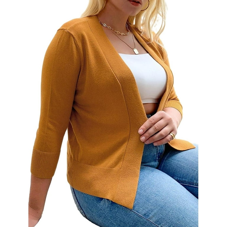 Regular Solid Plus Size Cardigans 3 4 Sleeve High Stretch Mustard