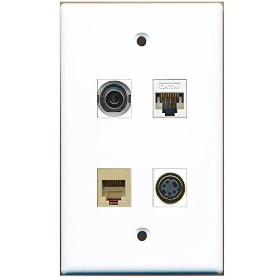 RiteAV - 1 Port Phone RJ11 RJ12 Beige 1 Port S-Video 1 Port 3.5mm 1 Port Cat5e Ethernet White Wall Plate