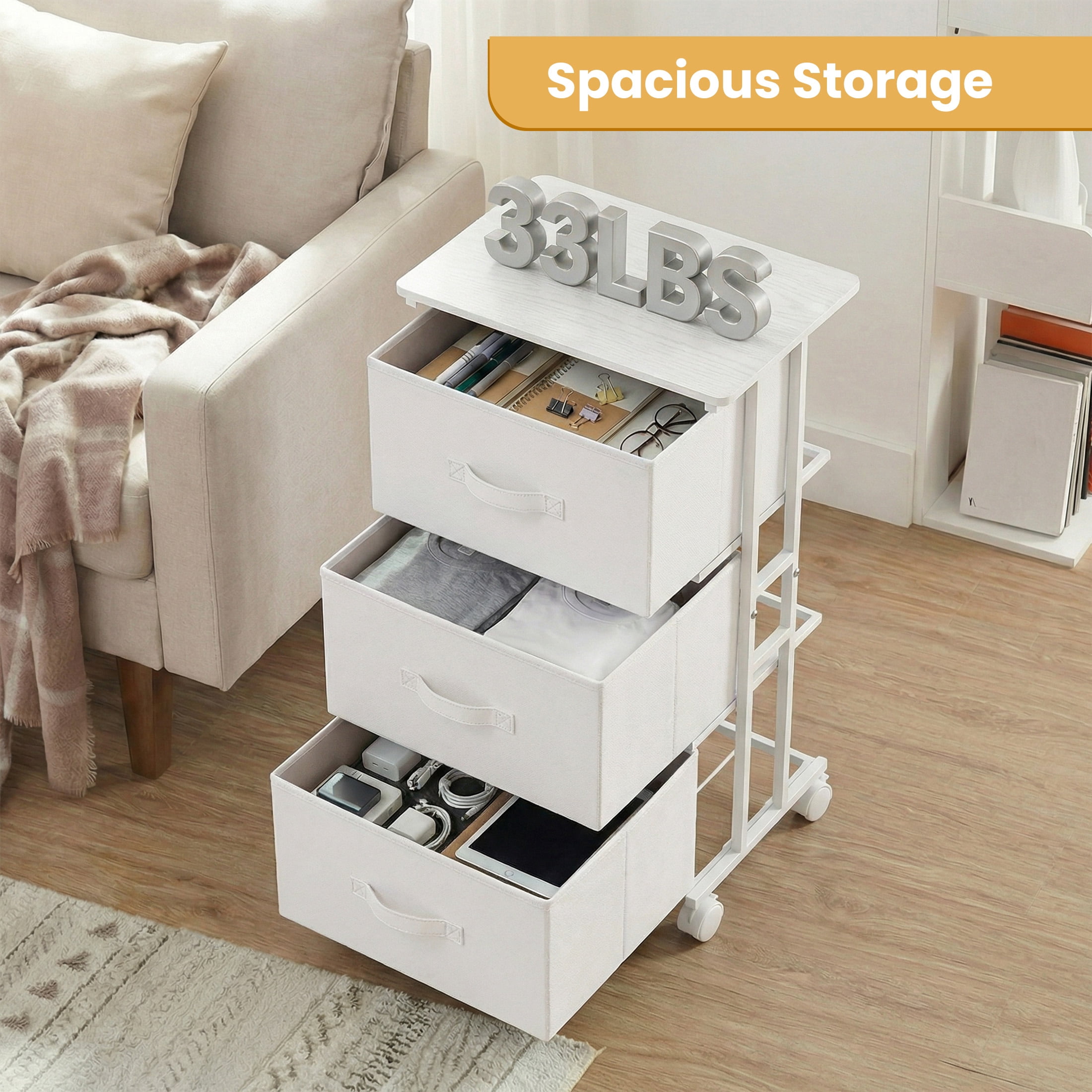 CONCETTA Dresser Storage with 3 Drawers, Storage with Wheels for Bedroom, Home Office, White