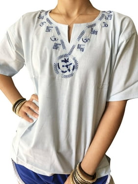 Women Boho Tunic Shirt Top, Light Blue Blouse Gypsy Chic Bohemian Summer Cotton Tunic ML