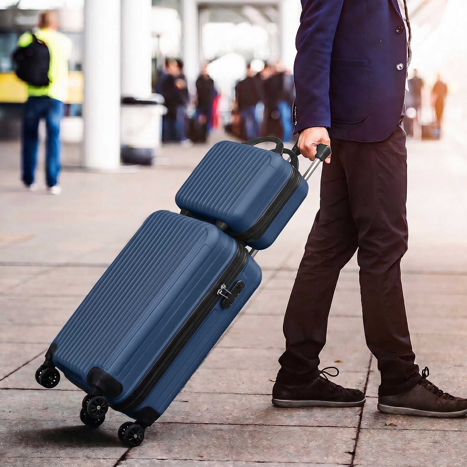 2 Piece Vertical Striped Luggage Set, Carry On Hardside Suitcase with Spinner Wheels & TSA Lock, Lightweight Travel Luggage with Cosmetic Case Blue
