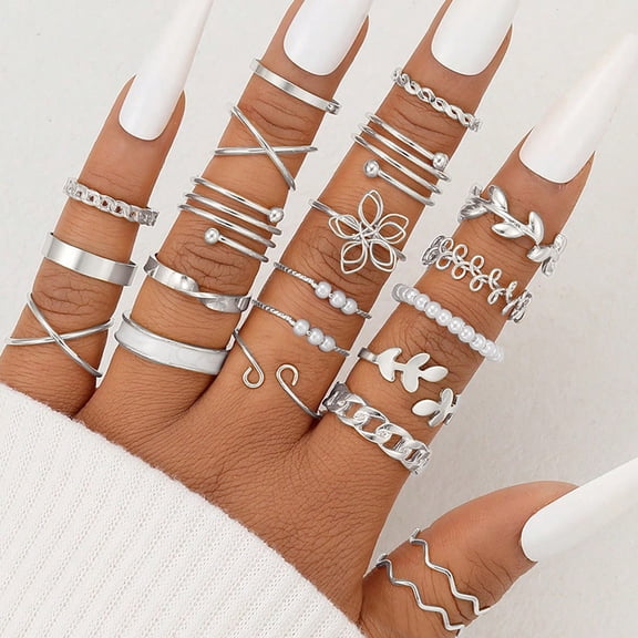 Womens Trendy Rings Set with Hollow Heart and Geometric Designs plus Butterfly and Floral Elements Fashionable Alloy Jewelry Leaf Ring Set for Women