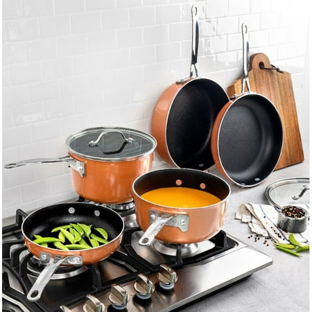 Gotham Steel Copper Cast Stackmaster Pots and Pans Set, 10 Piece Stackable Cookware with Nonstick Cast Texture Coating, Includes Frying Basket, Fry Pans, Saucepans, Stock Pots and More