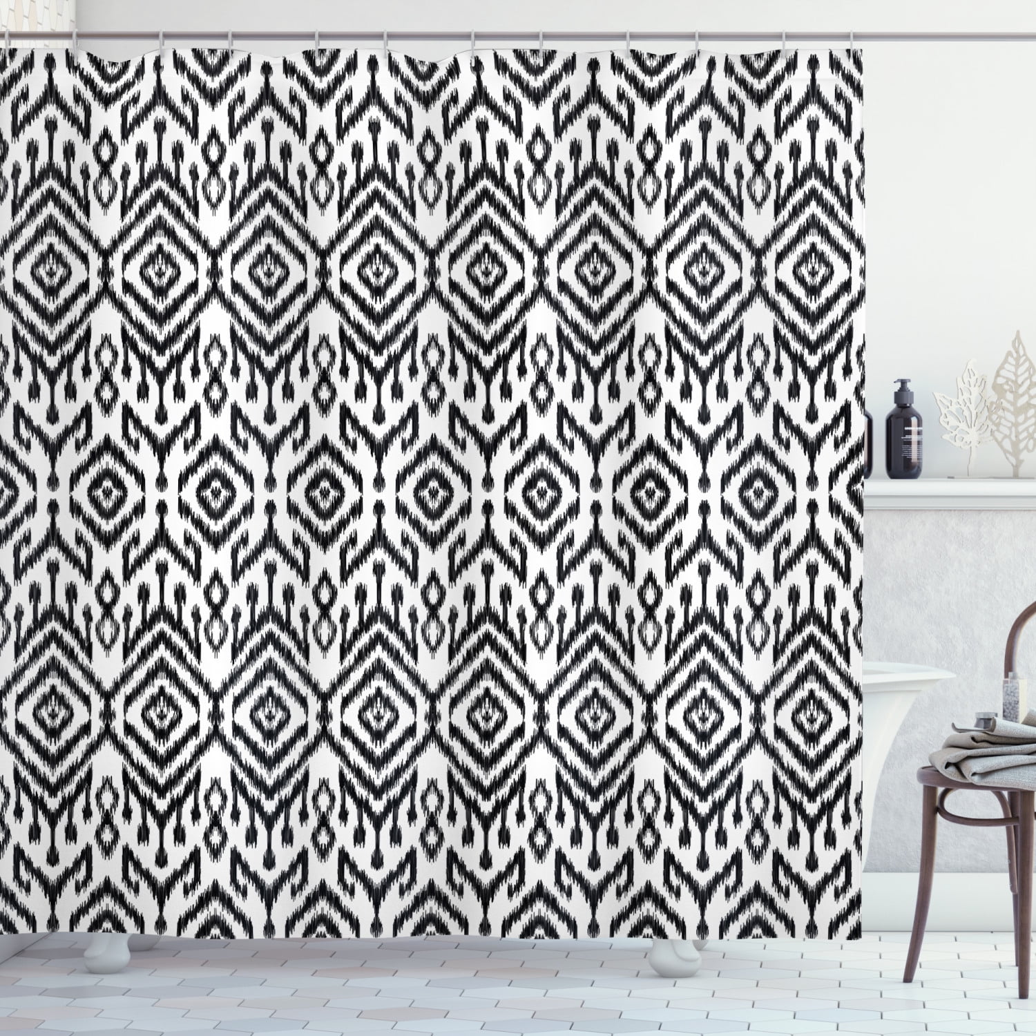 Black and White Shower Curtain, Monochrome Ikat Pattern Bohemian Ethnic