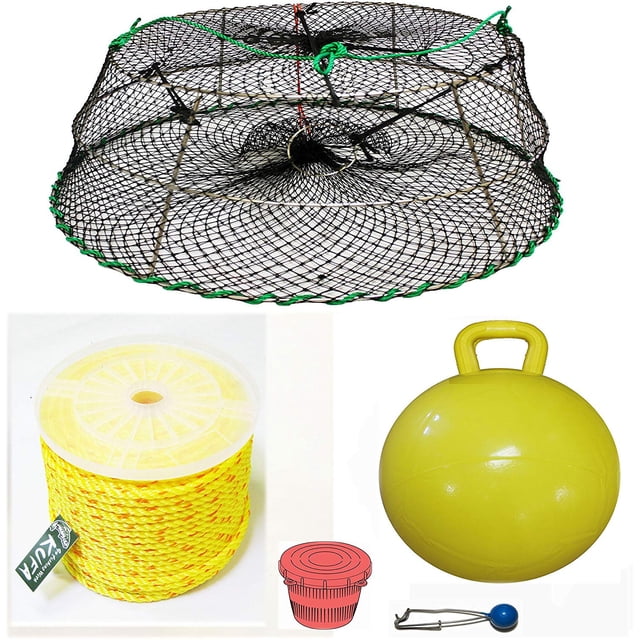 Tower Style Stainless Steel Prawn Trap(30"x20"x12") with 5/16"x400' Poly Rope with Line weight, 15" Inflatable Flaot & Bait Jar Combo