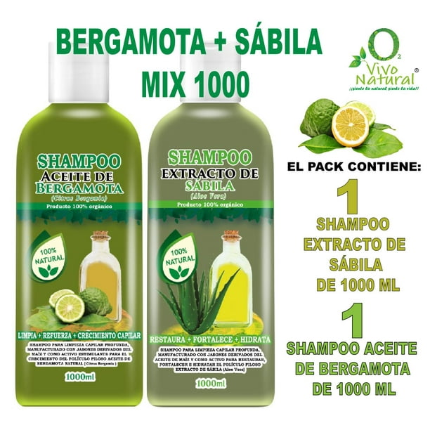Bergamota + Sábila Mix 1000 VIVONATURAL. Shampoo Aceite de Bergamota 1000 ml + Shampoo Extracto de Sábila 1000 ml