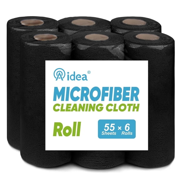 AIDEA Chiffon de Nettoyage en Microfibre 330 Feuilles 6 Rouleaux, Serviettes en Microfibre Noires pour Voitures, Chiffons d'Atelier Lavables, Chiffons de Nettoyage Réutilisables P