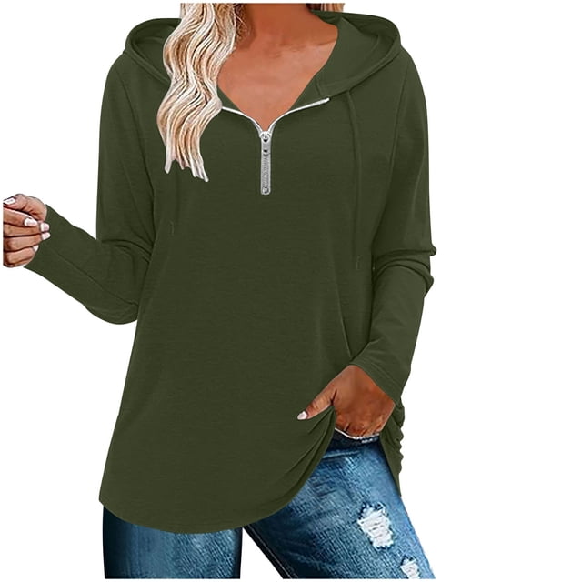 ameIAEA Womens Hoodie Sweatshirt Long Sleeve Drawstring Pullover Tops Solid Color Zipper Shirts