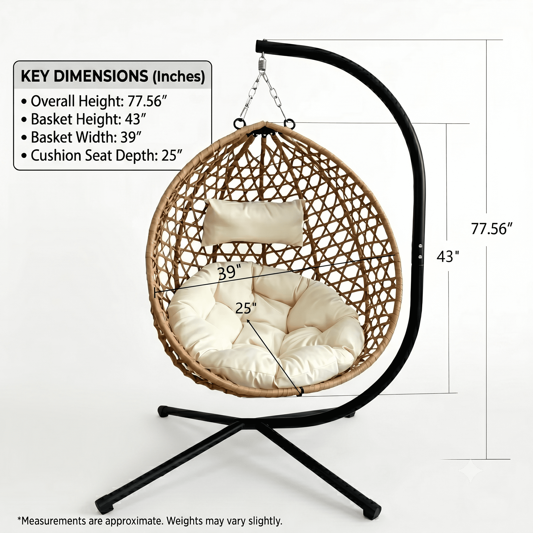 Foldable Hanging Egg Chair with Stand, HDPE Rattan Wicker Swing Chair with Washable Cushion, 350 LBS Anti-Rust Steel Frame for Indoor Bedroom Balcony Outdoor Patio Garden