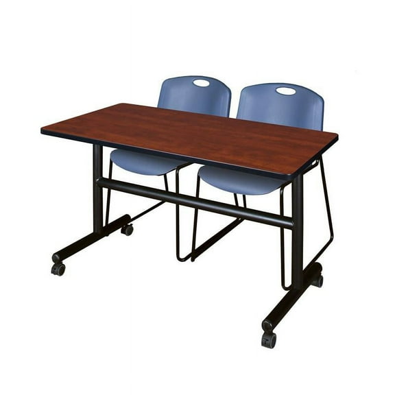 48" x 30" Flip Top Mobile Training Table- Cherry and 2 Zeng Stack Chairs- Blue