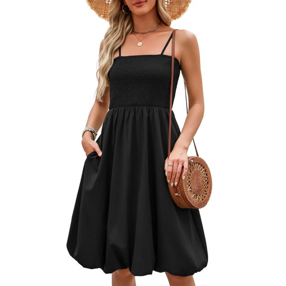 Short Sleeve Dresses for Women Solid Color Slim Shoulder Strap Bohemian Bag MIDI Skirt Loose Flowy Beach Sundress