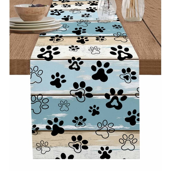 Table Runner 72 Inches Long for Kitchen Dining, Blue Beige Paw Print Dresser Scarf Farmhouse, Dining Table Decorations for Wedding/Parties, Vintage Farmhouse Country Wood Grain 13 x 72 In