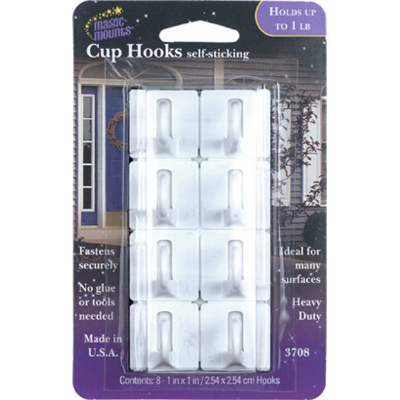 Magic Mounts Multi Purpose Hook 3708 Self Sticking; Holds Cup; 1 Inch Width x 1 Inch Height; White; Holds Up To 1 Pound; Case Of 8