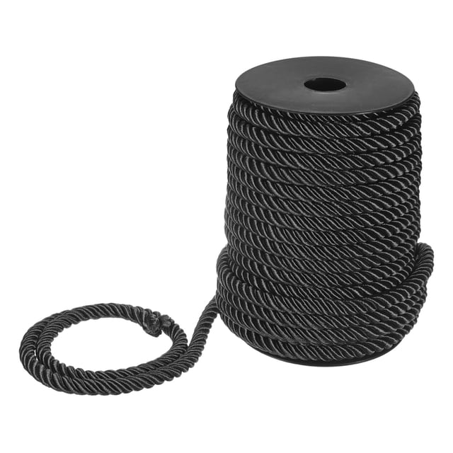 Uxcell 22 Yards Soft Twisted Rope Trim, 8mm/0.31" Black Polyester Twisted Silk Rope Cord for DIY Craft