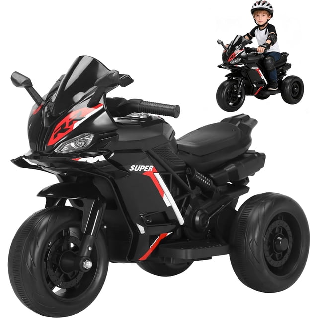 Moto Electrica Infantil Niño, Carro Electrico Niño Montable con Luz Led y Musica, Triciclo con Modo de Retroceso, Velocidad Máxima 4KM/H, Autonomía de 45 Minutos