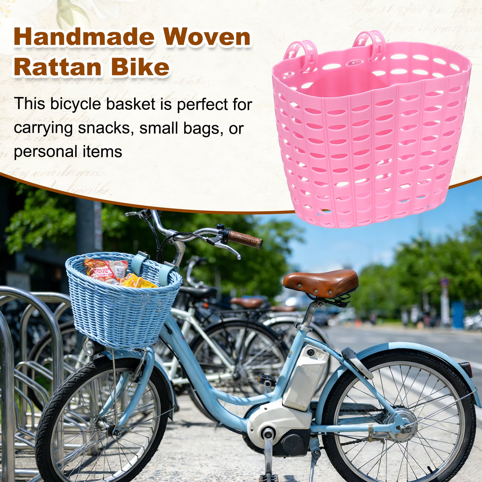 Uxcell Bike Basket, Plastic Bicycle Basket Adjustable Front Baskets with 2 Adjustment Buckles Unisex Strong Load 7.7 x 5.1 x 5.9" & Pink-Fitting For(Most Bikes/Tricycle/Scooters)