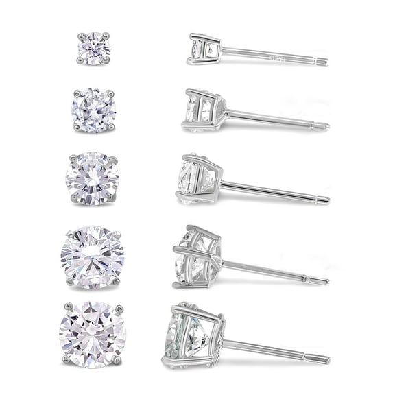 Kezef Set of 5 CZ Stud Earrings, Rhodium-Plated 925 Sterling Silver, Round Cubic Zirconia Earrings, Hypoallergenic for Women