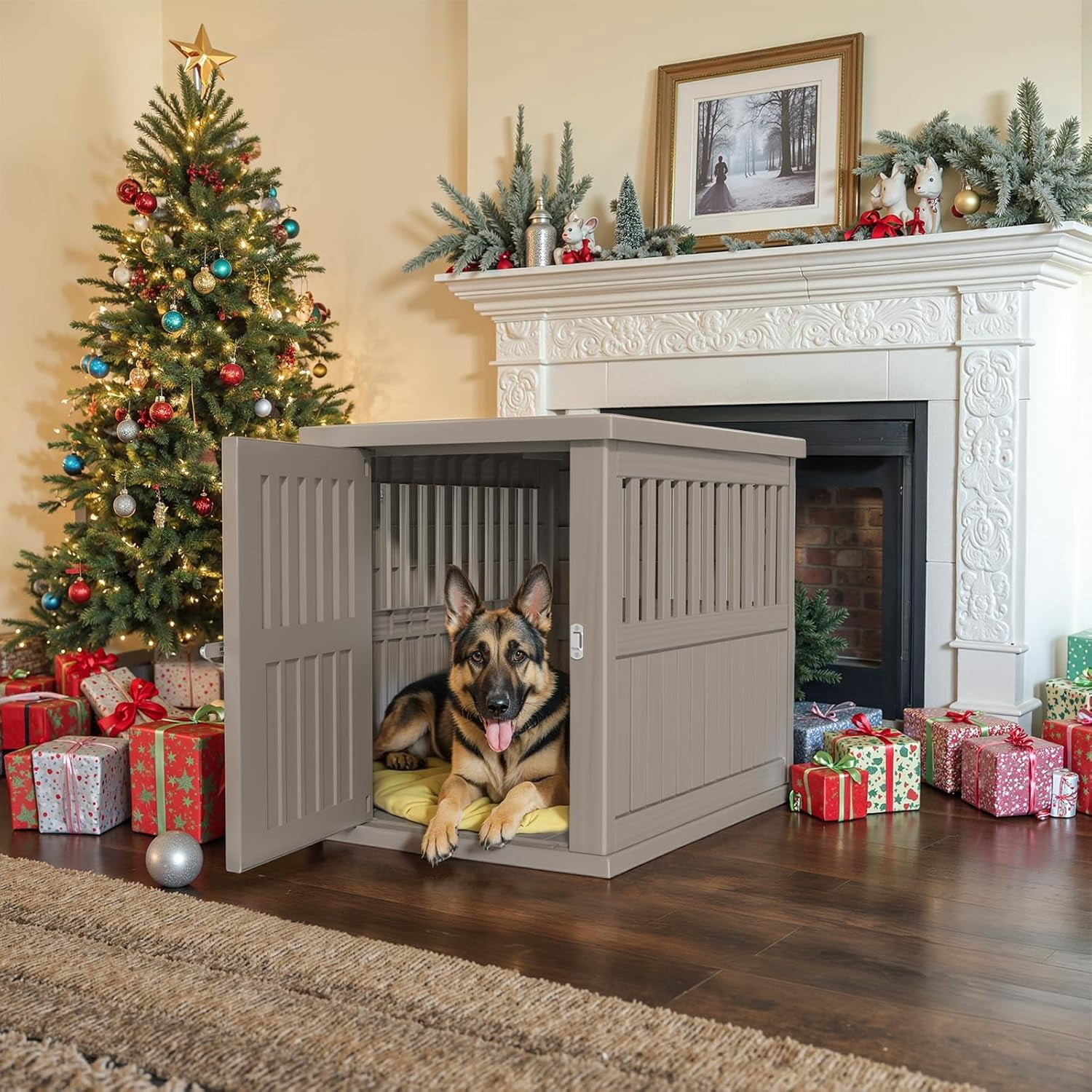 30x21x25in Heavy-Duty Resin Dog Crate for Large Dogs – Weatherproof, Ventilated, Lockable Door Indoor/Outdoor Portable Kennel (Light Coffee)