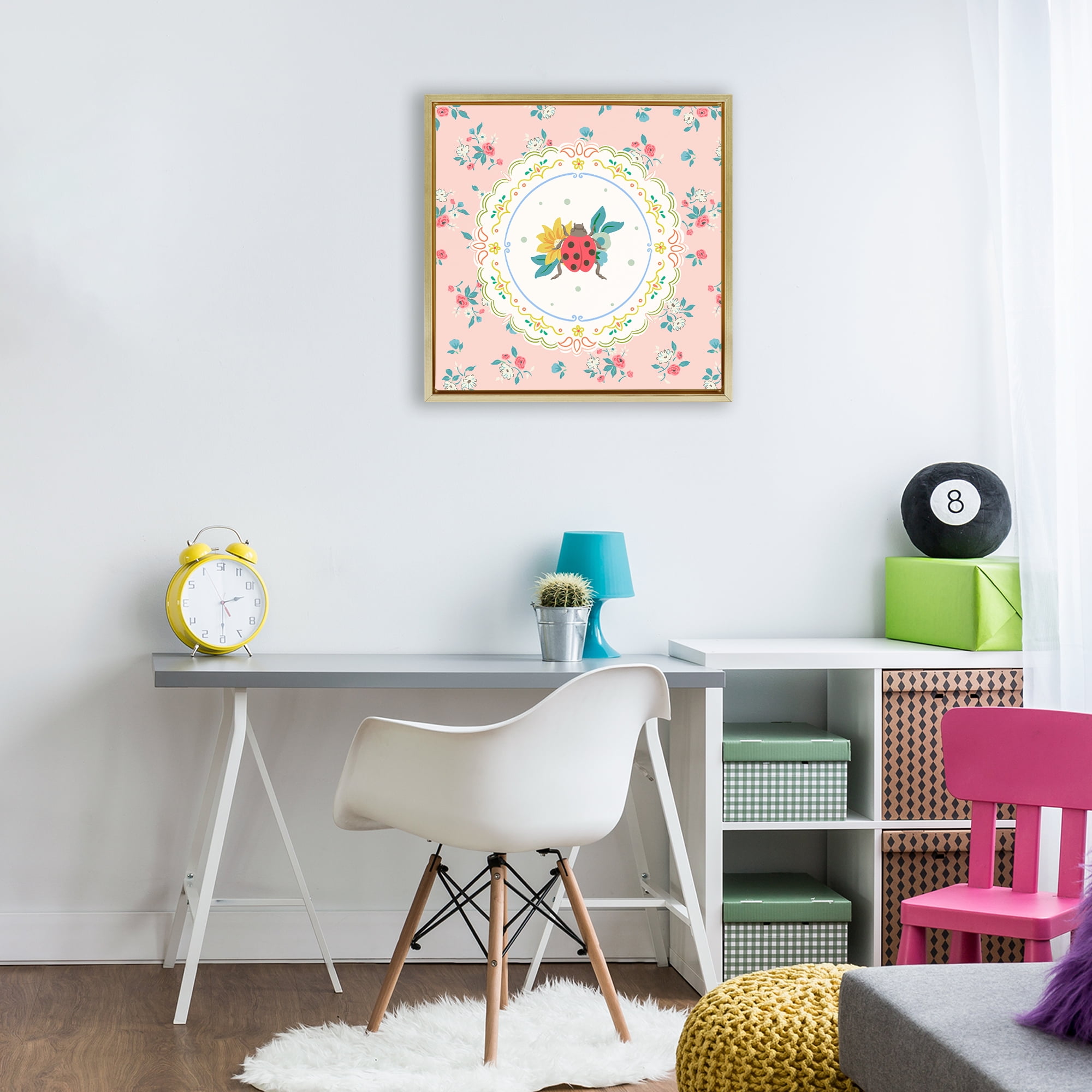 Spring Lady Bug Lace Pattern Gold Framed Floater Canvas Wall Art, design by Angela Steahling