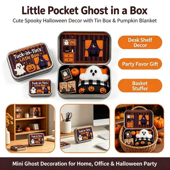 Adopt a Ghost Decor Little Pocket Ghost in a Box - Mini Halloween Boo Basket Stuffer with Tin Box, Pumpkin Blanket, Cute Spooky Desk Shelf Office Decoration, Party Favor Gift, Halloween Decor