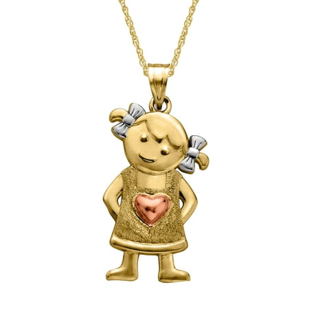 Just Gold Girl Pendant Necklace with Heart & Bow in 14kt Three-Tone Gold