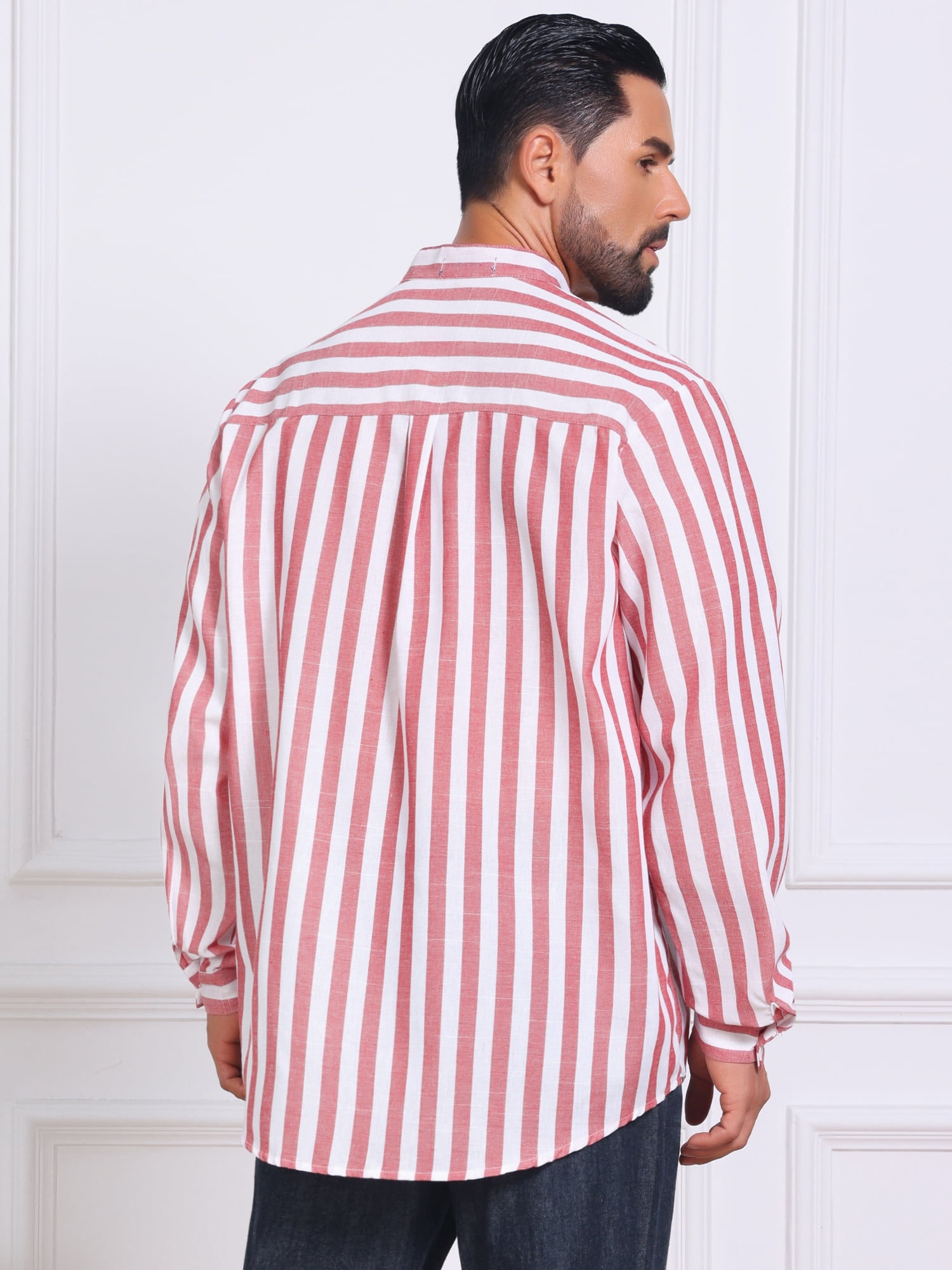 DARING DIVA Men's Striped Stand Collar Long Sleeve Button Down Shirt L Red