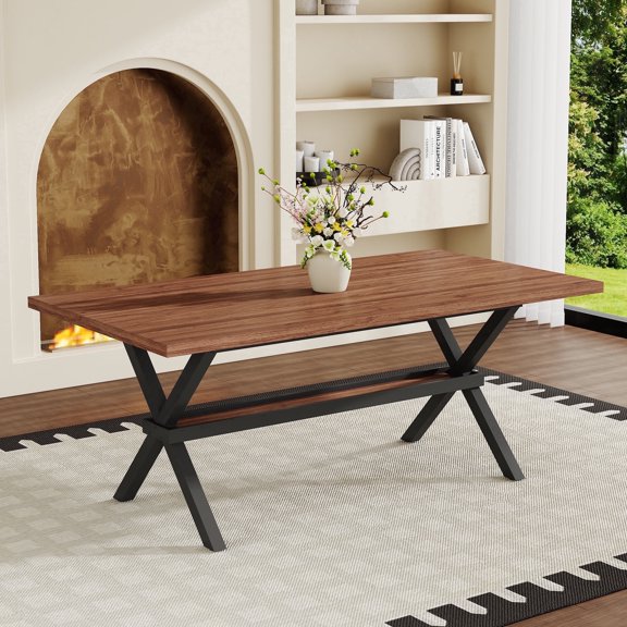 Vanress 71" Dining Table for 6-8, Modern Rectangular Kitchen Table with Sturdy Metal X-Shaped Frame Legs for Living Dining Room, Dinette, Home Office, Restaurant, Easy Clean, Walnut