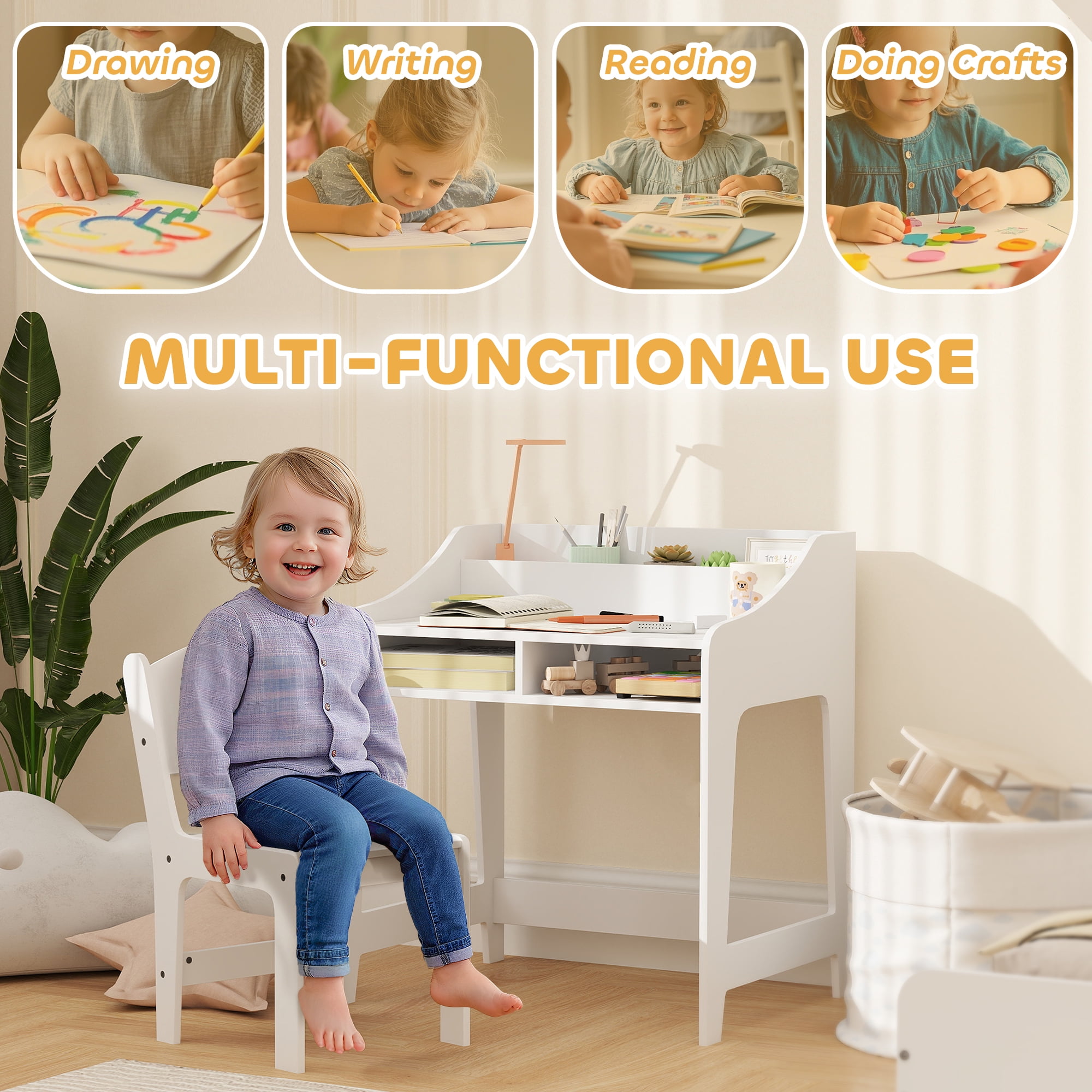 Qaba Kids Desk and Chair Set, Children Study Table with Storage Shelves, Student Writing Desk for Bedroom & Study Room, 3-8 Years Old, White