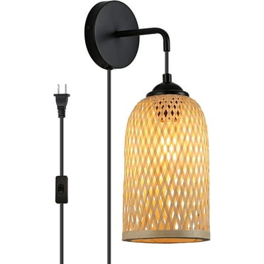 Modern Plug in Bamboo Wall Light Fixture with Switch - Basket Rattan Lampshade Chandelier Hanging Wall Mounted Lamp, Indoor Wicker Pendant Wall Sconces for Kitchen Island Living Room Bar Restaurant