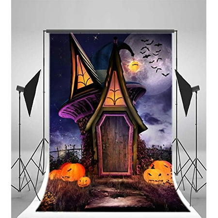 GreenDecor Polyester Fabric Photography Backdrop 5x7ft Halloween Theme Bat Magic House Pumpkin Laterns Children Baby Kids Portrait Photos Props Shooting Video Studio