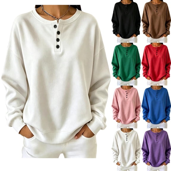Women Sweatshirt Solid Color Leisure Sports Tops Autumn Winter Crewneck Tops With Button Long Sleeve Sweater Casual Shirts