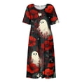 thumbnail image 4 of Women's Halloween Print Round Neck Casual Dress with Pockets Short Sleeve Loose Fit Midi Dress Plus Size for Daily Wear Autumn Outfit Red M, 4 of 6