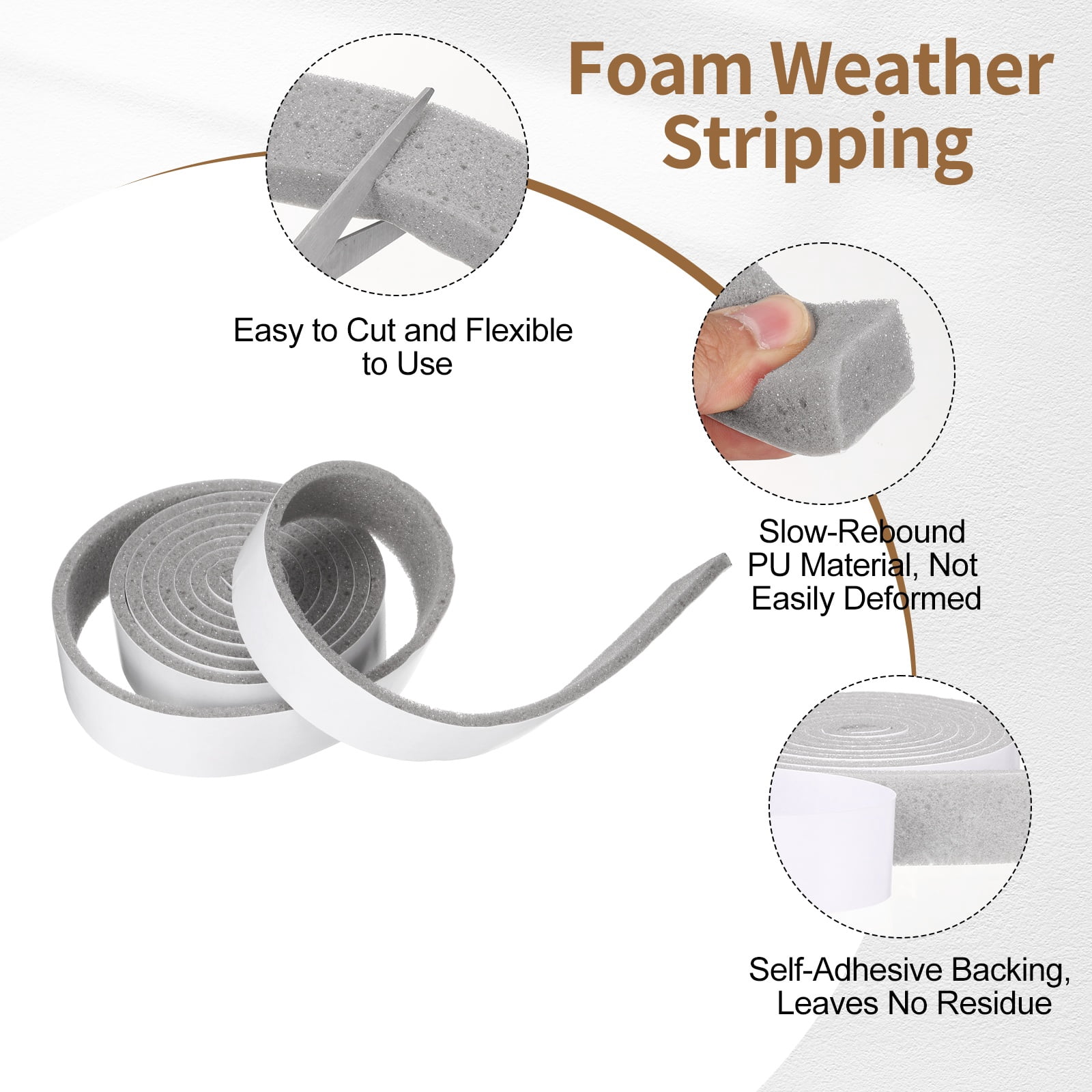 1-3/16" x 3/16" Foam Weather Stripping, Self Adhesive Door Seal Insulation Strips, Soundproofing Foam Seal Tape for Door/Window, Air Conditioning (26.25 Ft Total Length in 4 Roll)