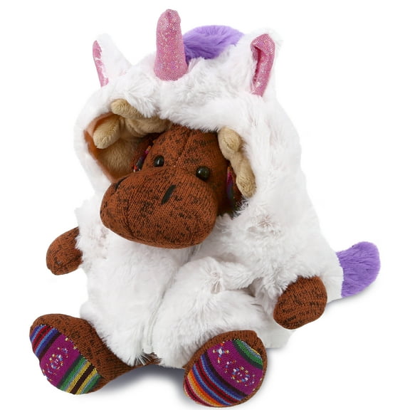 DolliBu Sitting Brown Moose Unicorn Plush Stuffed Animal Toy - Super Soft Moosecorn Dress Up with Removable Plush Unicorn Outfit, Cute Fantasy Wildlife Gift - 11 Inches