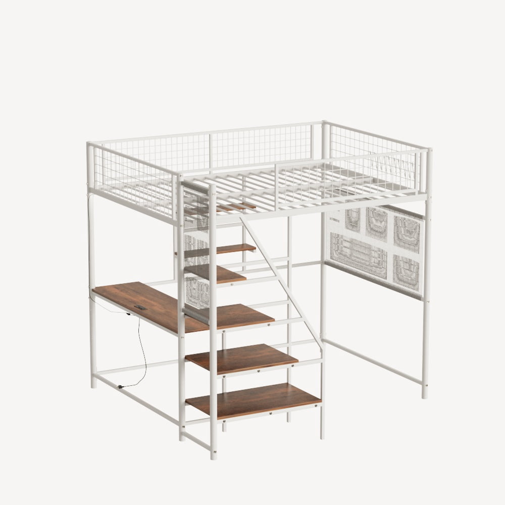 Yoneston Full Size Loft Metal Bed Frame with Built-in Charging Station and LED Lighting for Bedroom and Dormitory, White