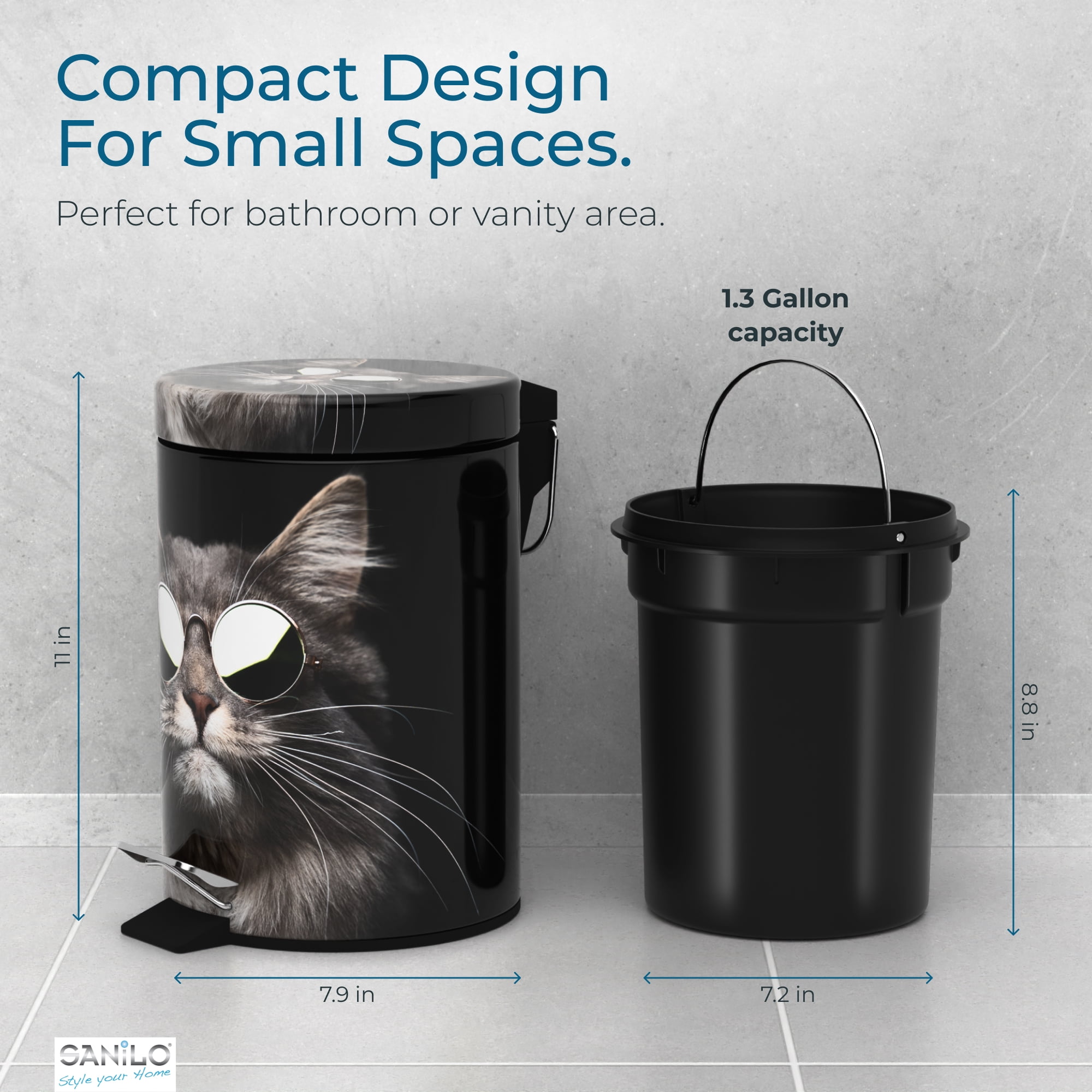 Sanilo Trash Can 1.3 Gallon with Soft Close, Many New Cosmetic and Kitchen Waste Bins Available, Bathroom Bin with Inner Bucket (Cool Cat)